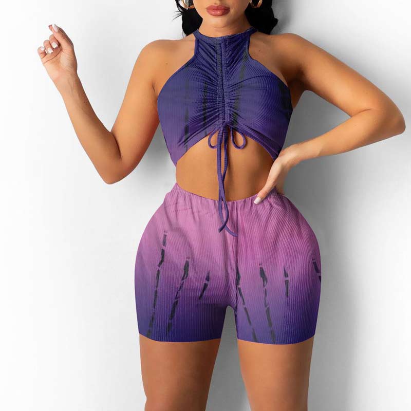 Print Sleeveless Drawstring Crop Top & Shorts Set