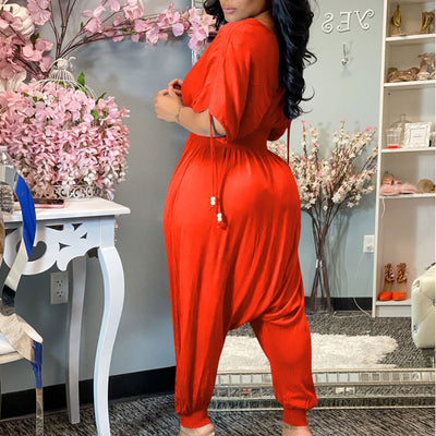 Solid V-Neck Bats Sleeve Loose Jumpsuit