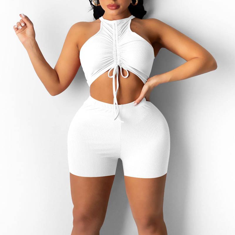 Solid  Sleeveless Drawstring Shorts Set