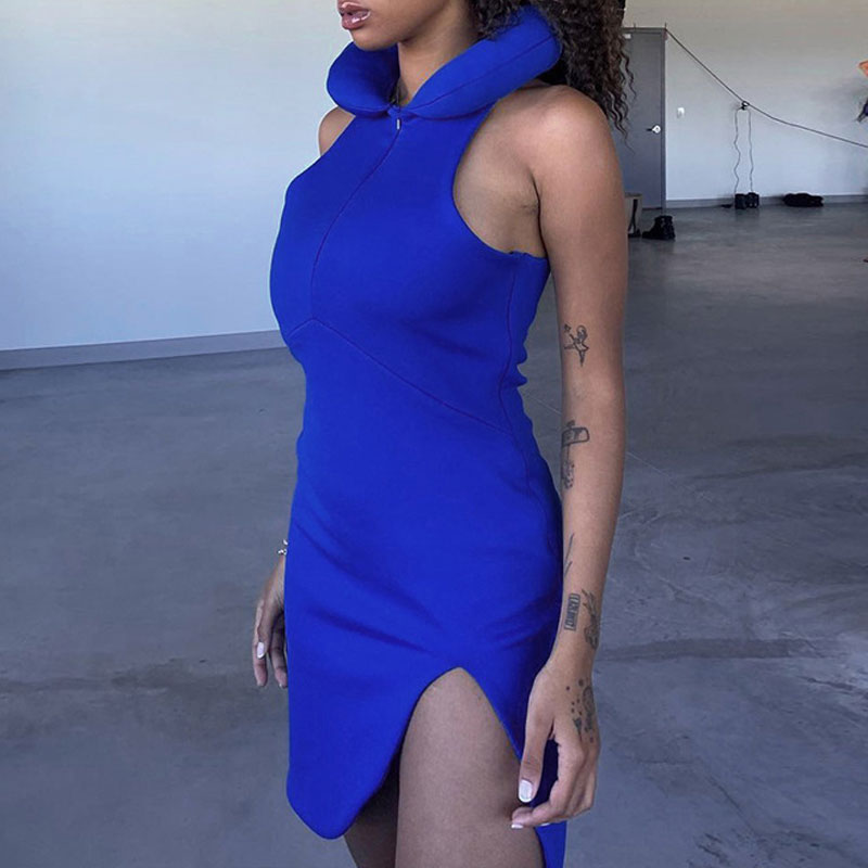 Solid Sleeveless Slit Hoodie Dress