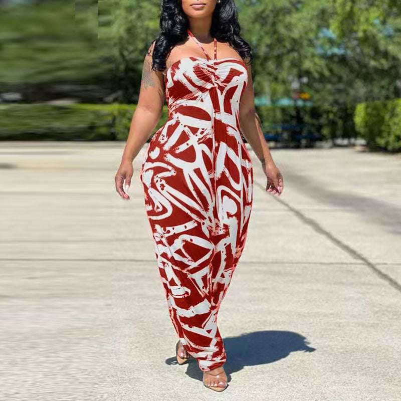 Print Halter Pocket Design Loose Jumpsuit