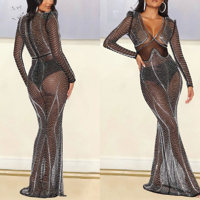 Rhinestone Long Sleeve Sheer Mesh V-Neck Maxi Dress