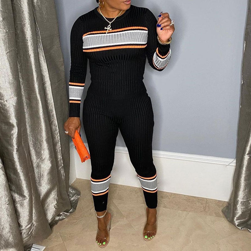 Colorblock Long Sleeve Knitted Jumpsuit