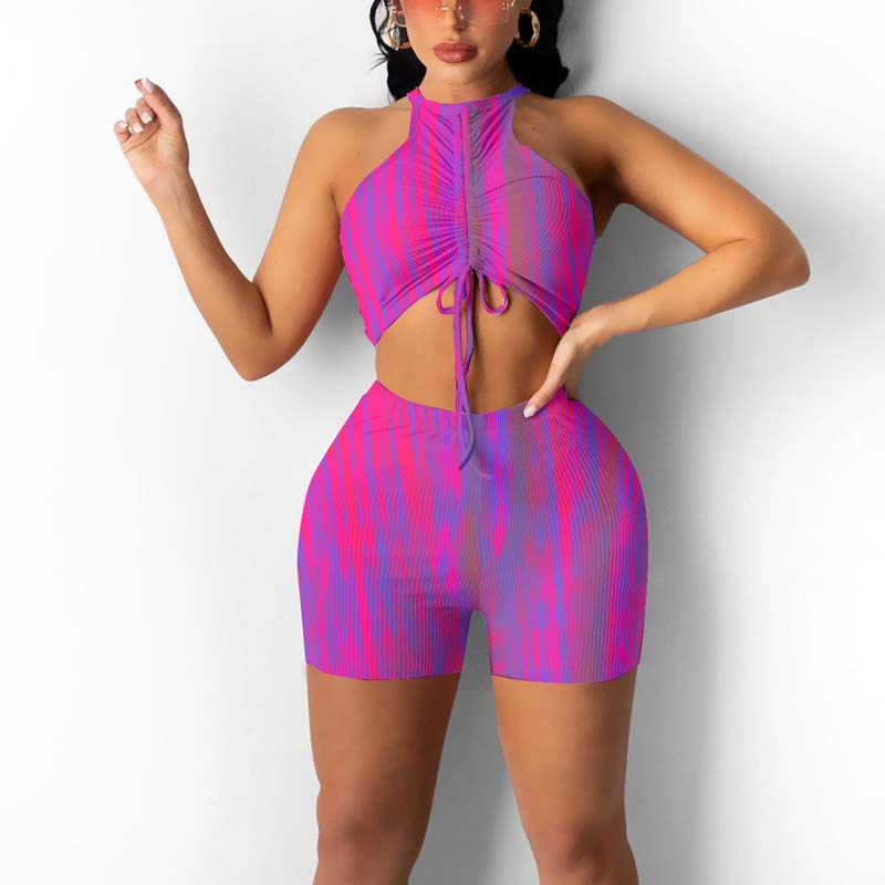 Print Sleeveless Drawstring Crop Top & Shorts Set