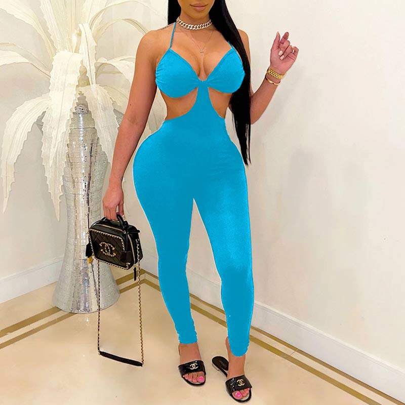 Solid Deep V-Neck Hollow Out Jumpsuit