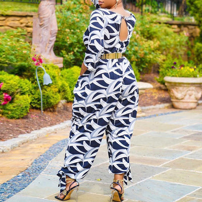 Print V-Neck Long Sleeve Loose Jumpsuit Without Belt