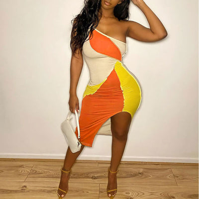 Colorblock Sleeveless One Shoulder Slit Bodycon Dress