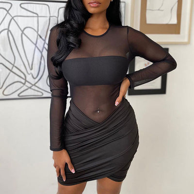 Solid Long Sleeve Sheer Mesh Patchwork Ruched Bodycon Dress