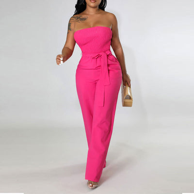 Solid Off Shoulder Belted Wide Leg Jumpsuit