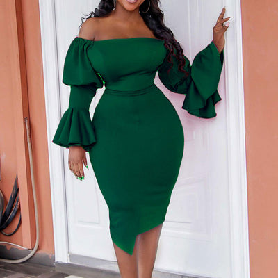 Solid Off Shoulder Flared Sleeve Bodycon Dress