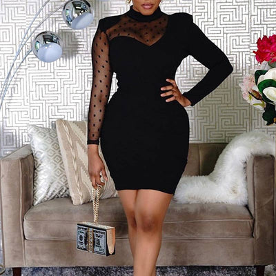 Solid Long Sleeve Sheer Mesh Bodycon Dress