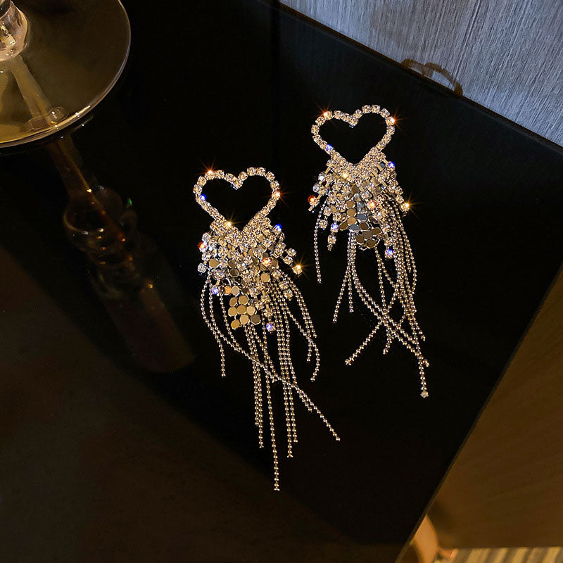 Rhinestone Heart Pattern Tassel Design Earrings