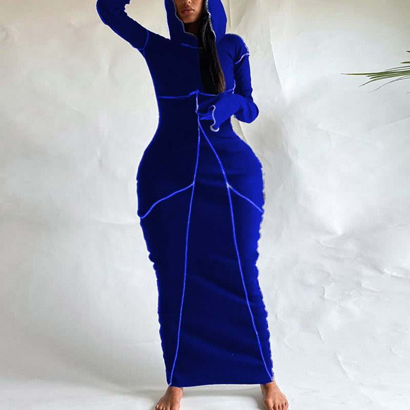 Solid Patchwork Long Sleeve Hooded Bodycon Slim Maxi Dress