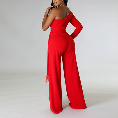 Solid One Shoulder Feather Design Belted Jumpsuit