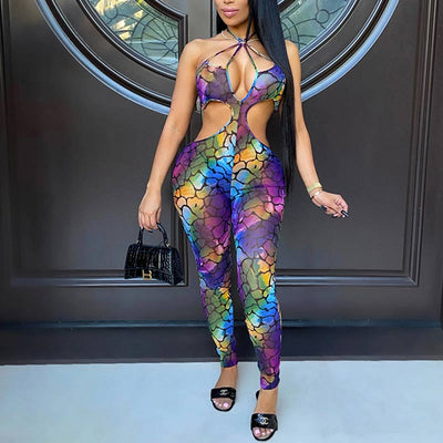 Print Sleeveless Halter Cut Out Jumpsuit