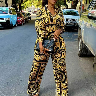 Print Long Sleeve Blouse & Wide Leg Pants Set