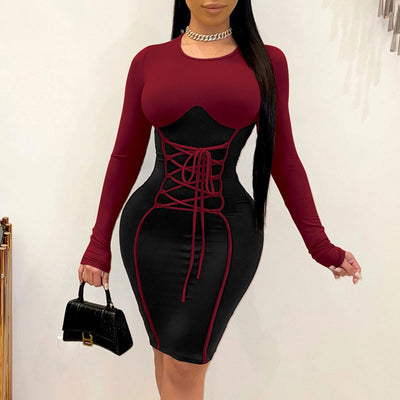 Colorblock Long Sleeve Lace Up Bodycon Dress