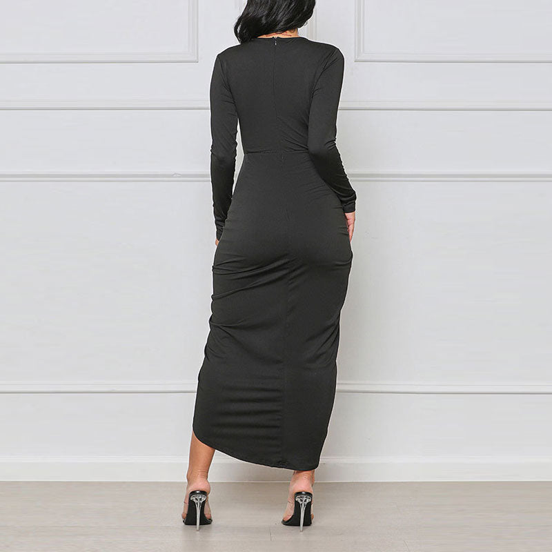 Solid Long Sleeve Cut Out Ruched Irregular Midi Dress