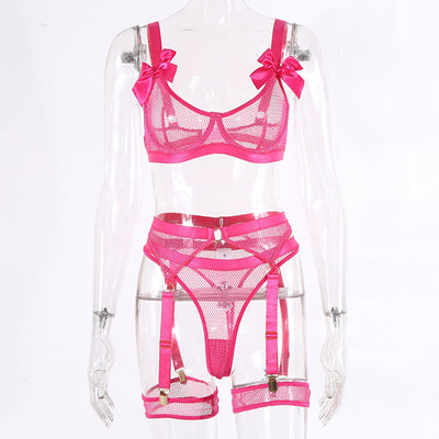 Solid Bowknot Decoration Sheer Mesh 3PCS Lingerie Set