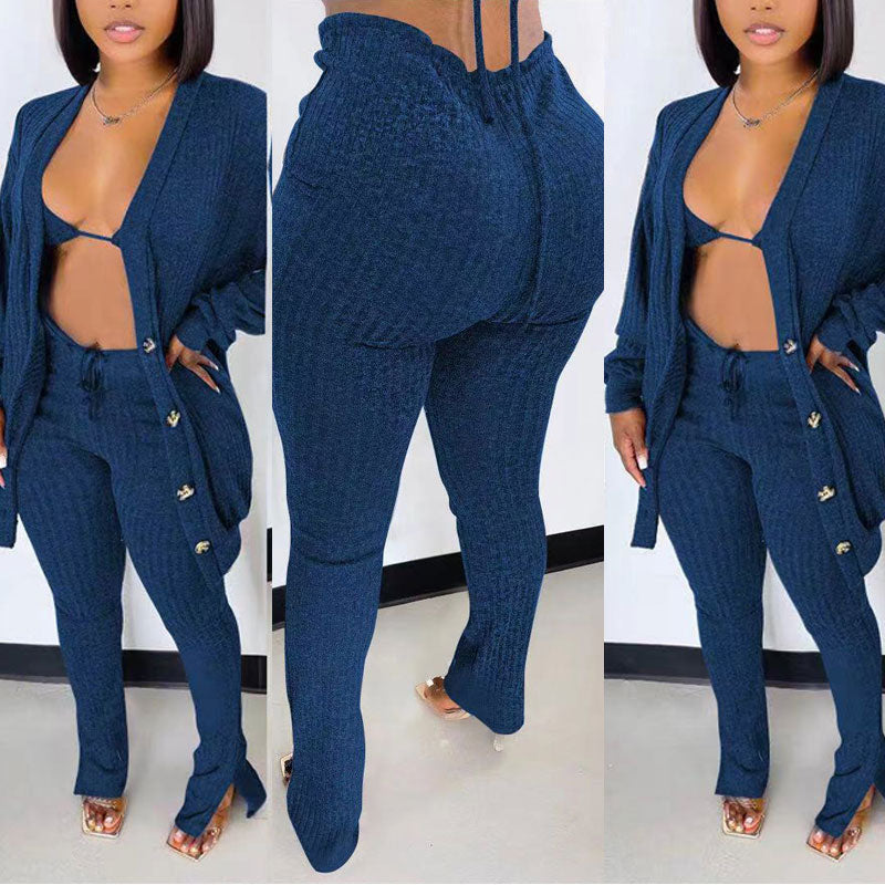 Solid Long Sleeve Button Detailed 3PCS Pants Set