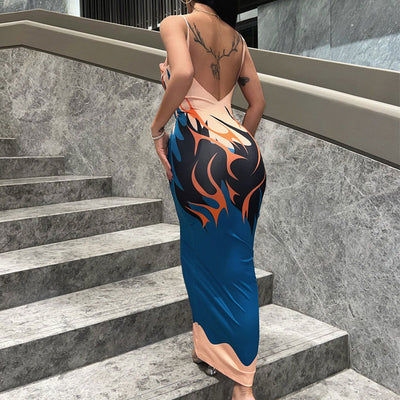 Print Backless Spaghetti Strap Maxi Dress