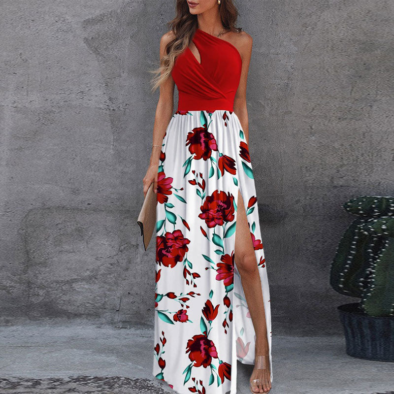 Floral Print Oblique Shoulder Sleeveless High Slit Maxi Dress