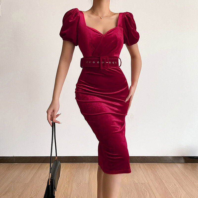 Velvet Puff Sleeve Belted Midi Dress