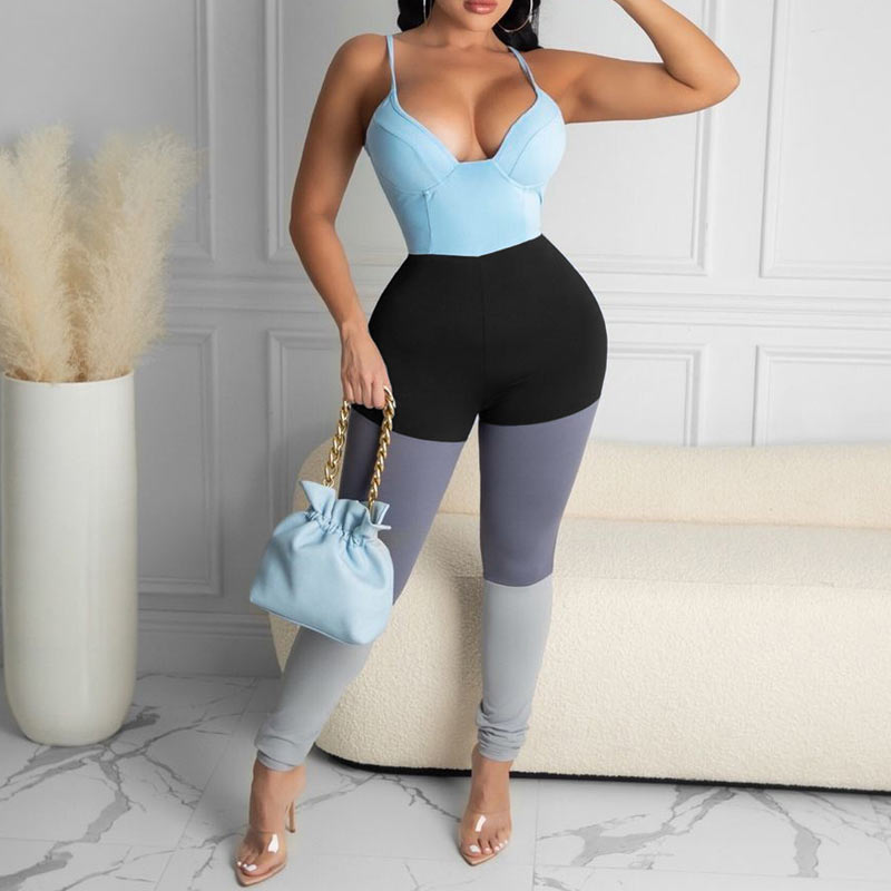 Colorblock Sleeveless Deep V-Neck Jumpsuit