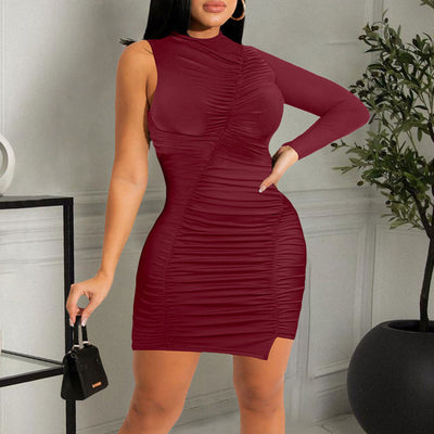 Solid One Sleeve Ruched Bodycon Dress