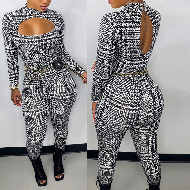 Houndstooth Print Long Sleeve Cut Out Jumpsuit