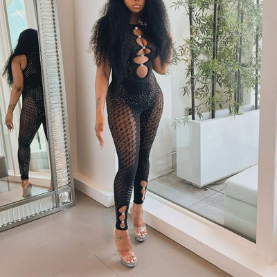 Rhinestone Sleeveless Cut Out Sheer Mesh Jumpsuit