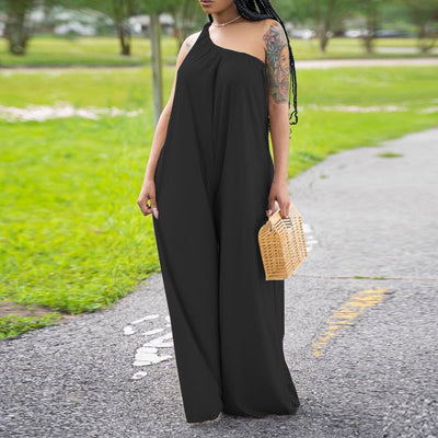 Solid One Shoulder Sleeveless Wide Leg Jumpsuit