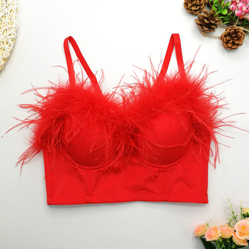 Solid Sleeveless Feather Design Spaghetti Strap Crop Top