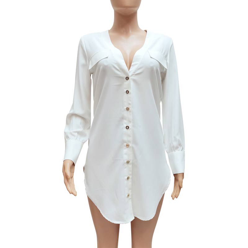 Solid Long Sleeve Deep V-Neck Button Detailed Shirt Dress