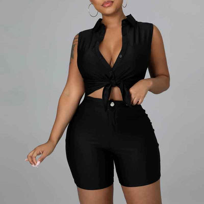 Solid Sleeveless Button Detailed Top & Shorts Set