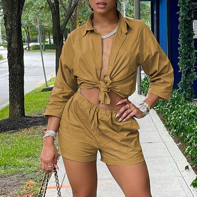 Solid Long Sleeve Blouse & Shorts Set