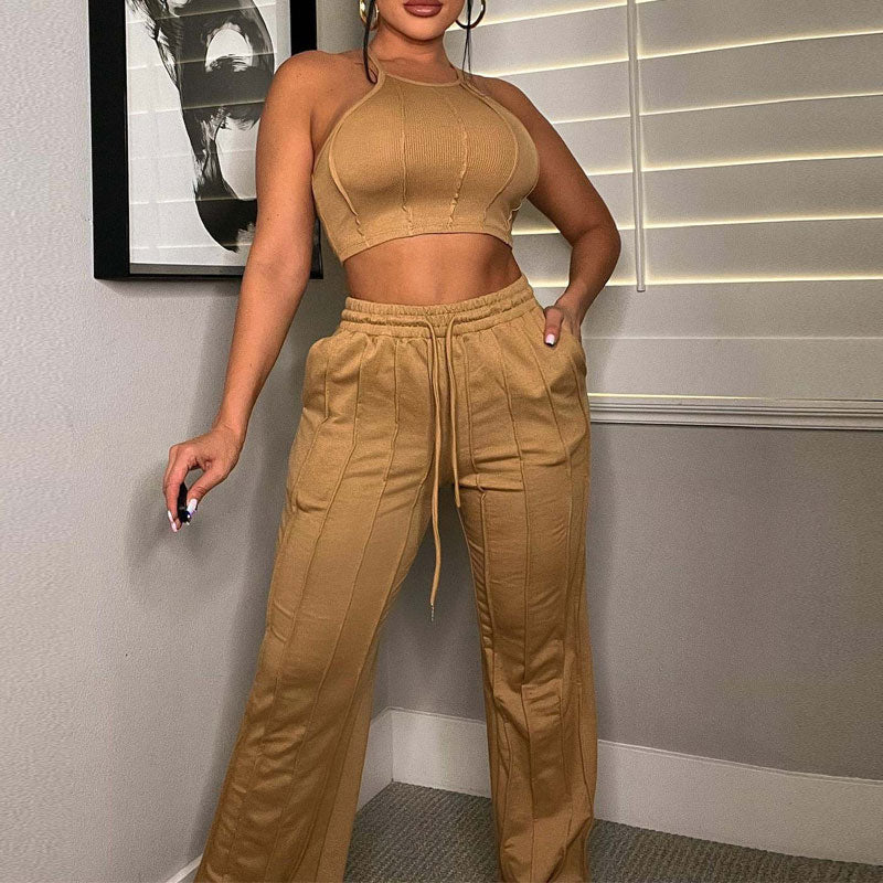 Solid Sleeveless Tube Top & Drawtring Pants Set