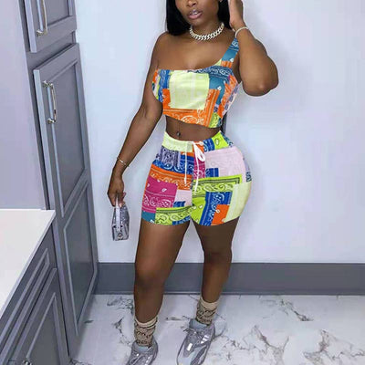 Print Sleeveless One Shuolder Two Piece Shorts Set