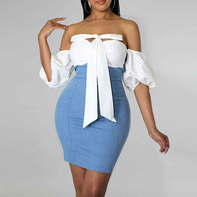 Colorblock Halter Puff Sleeve Bodycon Dress