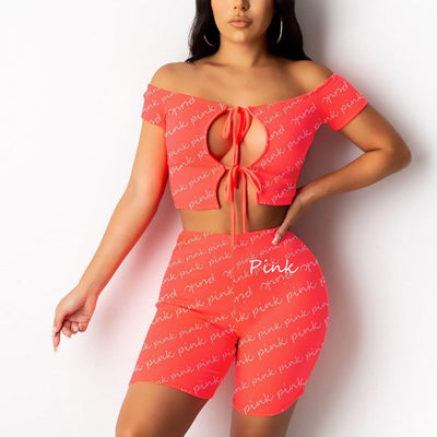 Letter Print Off Shoulder Cut Out Shorts Set