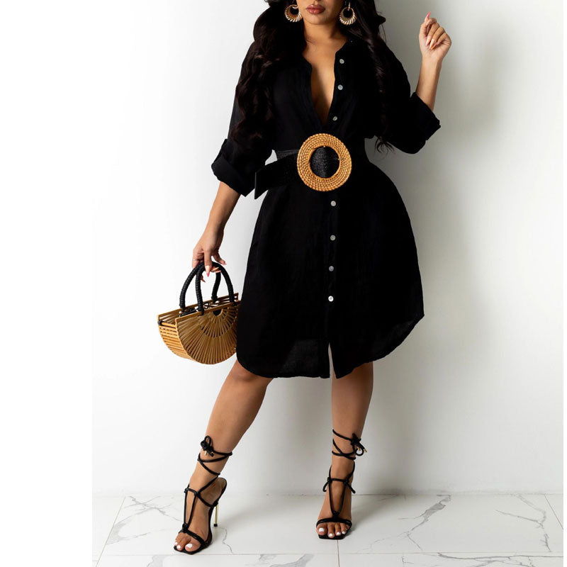 Solid Long Sleeve Button Detailed Shirt Dress