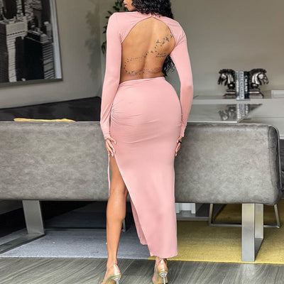 Solid Long Sleeve Cut Out High Slit Maxi Dress