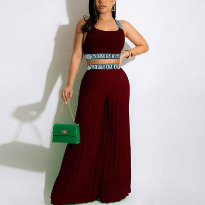 Print Sleeveless Crop Top & Wide Leg Pants Set