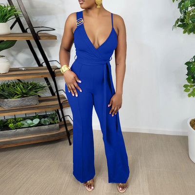 Solid Deep V-Neck Sleeveless Belted Wide Leg Jumpsuit