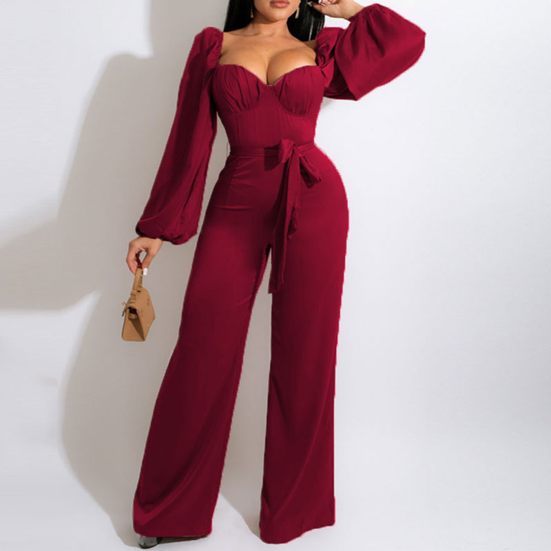 Solid Square Neck Long Sleeve Belted Jumpsuit