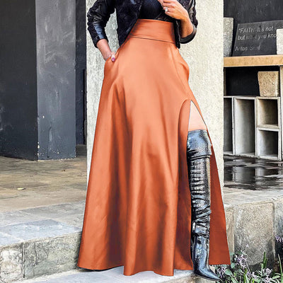 Solid High Waist PU Leather High Slit Skirt