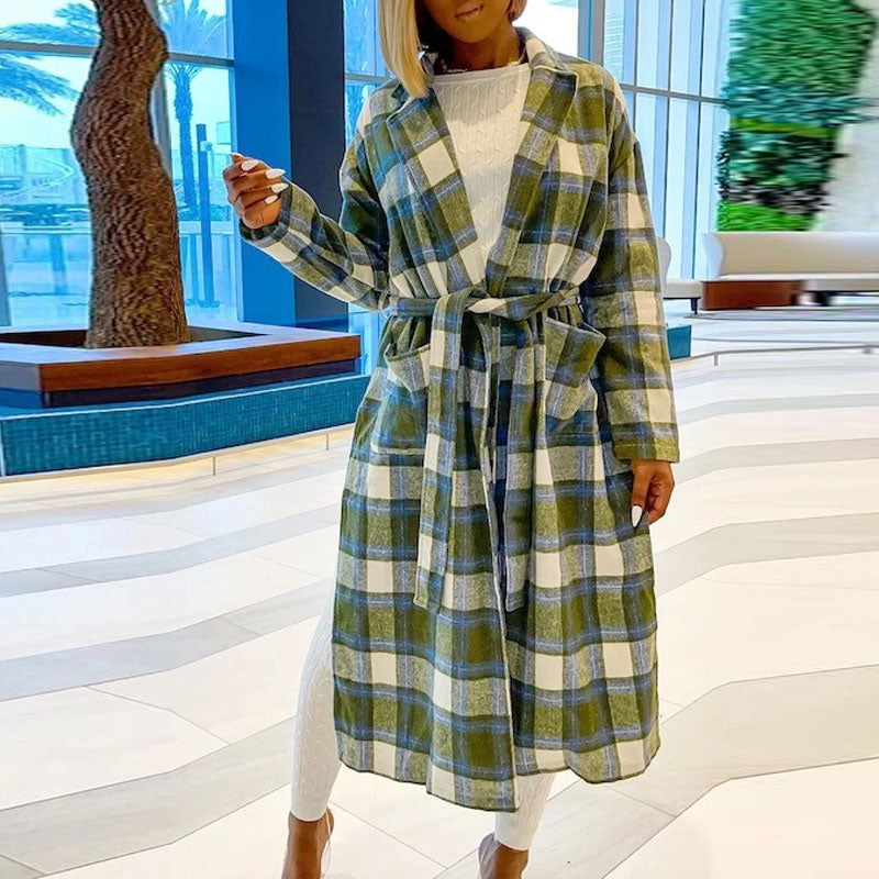 Plaid Pattern Long Sleeve Belted Long Coat