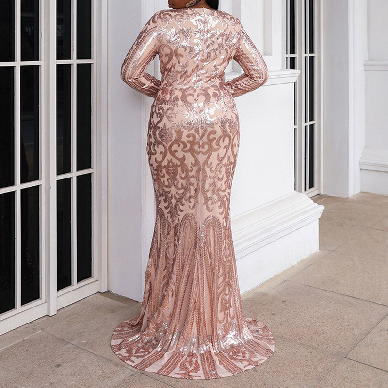 Sequins Round Neck Long Sleeve Floor-Length Plus Size Evening Dress