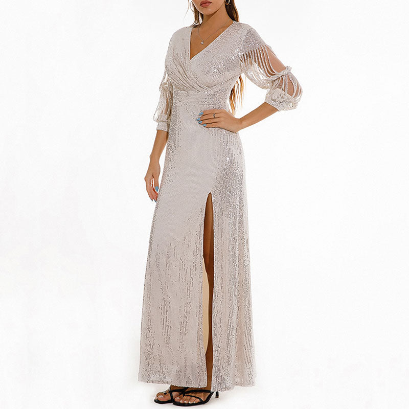 Sequins V-Neck Tassel Sleeve High Slit Dress