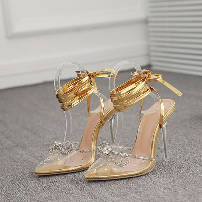 Glitter Bowknot Decoration Lace Up Stiletto Heels